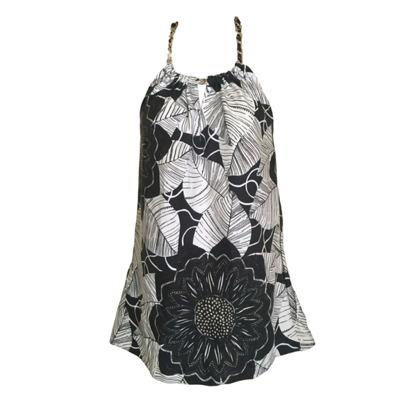 WhBm Floral 100% silk  Halter Top Black White Small Size 2 - Picture 1 of 7
